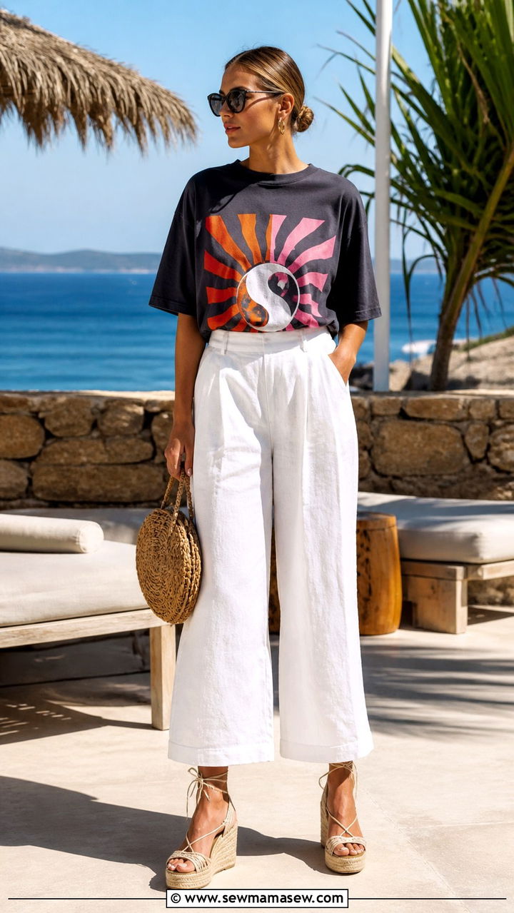 Oversized tee with white linen trousers and espadrilles - 40 Oversized t-shirt outfit ideas