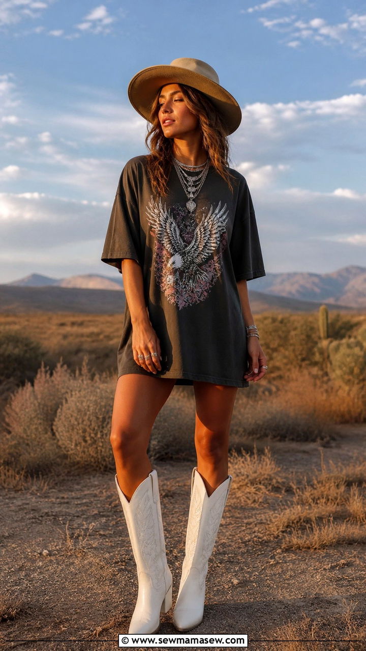 Oversized tee worn as a dress with cowboy boots - 40 Oversized t-shirt outfit ideas