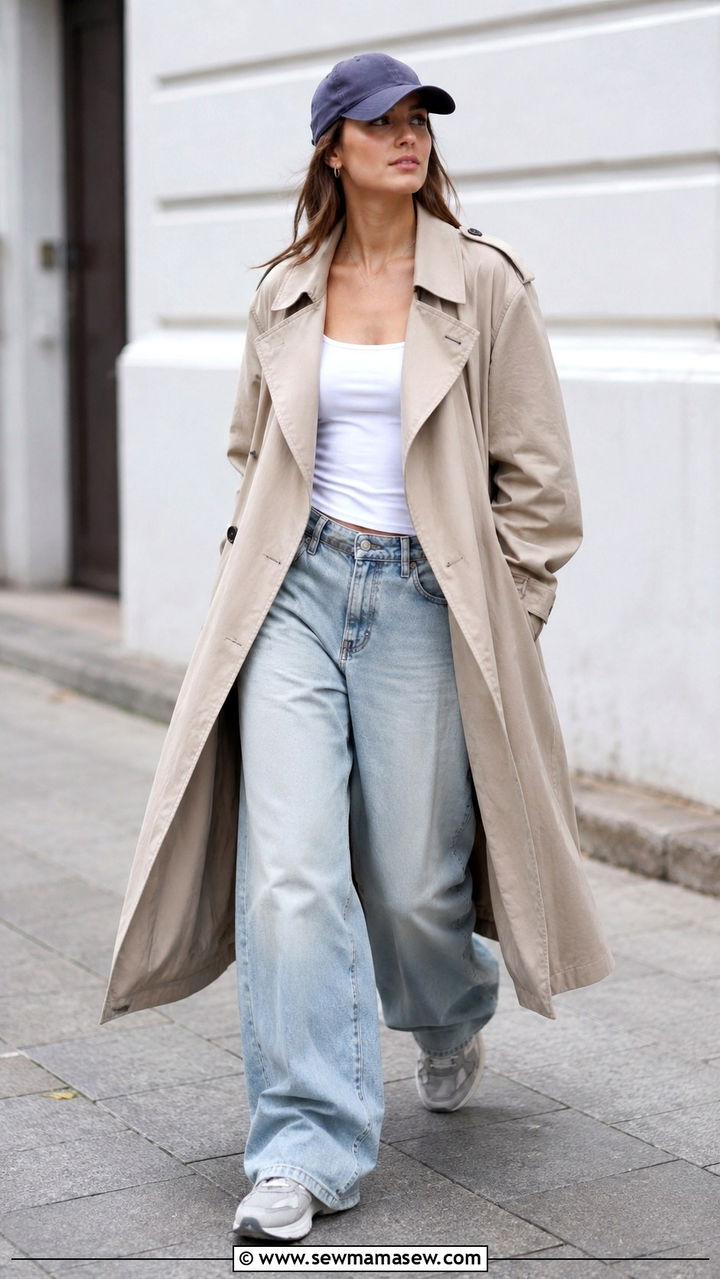 Oversized trench coat with baggy wide leg jeans - 20 Wide leg jeans outfit ideas with a trench coat