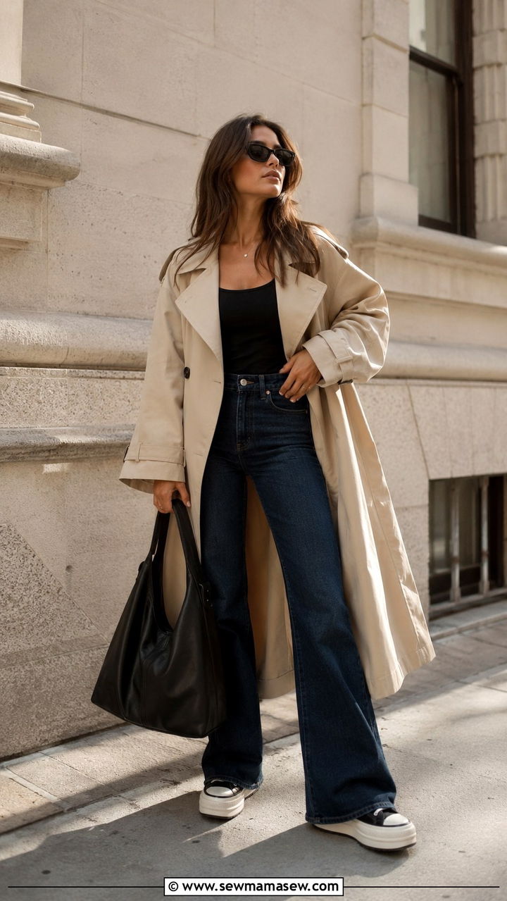 Oversized trench coat with bootcut jeans - 25 Bootcut jeans outfit ideas with a trench coat