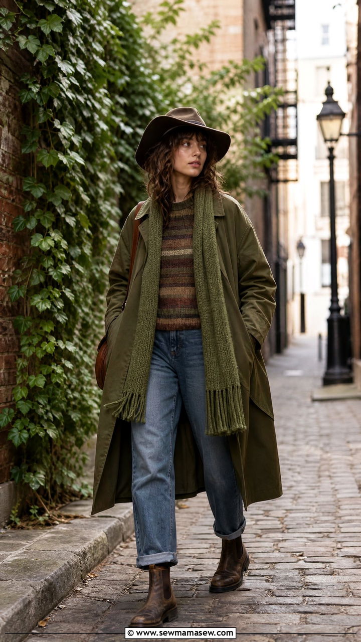 Oversized trench coat with striped sweater jeans and scuffed boots - 30 Goblincore outfit ideas