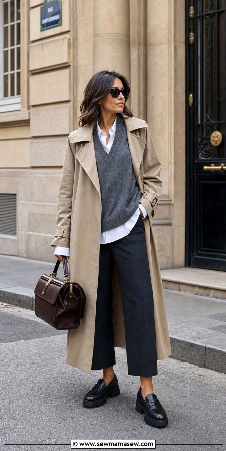 Oversized trench coat with sweater vest and cropped trousers - 25 Dark academia outfit ideas 2026