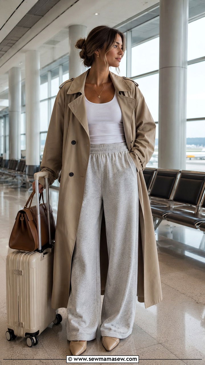 Oversized trench coat with wide leg sweatpants - 25 Wide leg pants outfit ideas with a trench coat