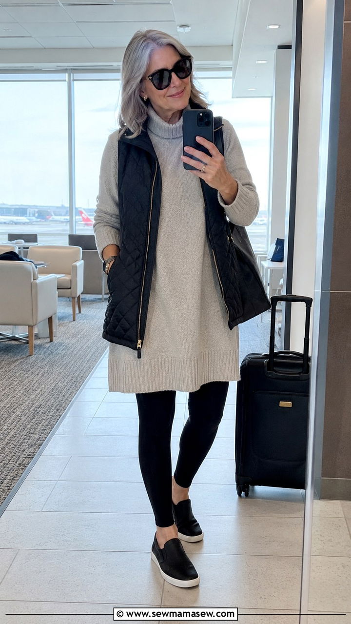 Oversized tunic with leggings and a quilted vest - 30 Plus size outfit ideas for women over 60
