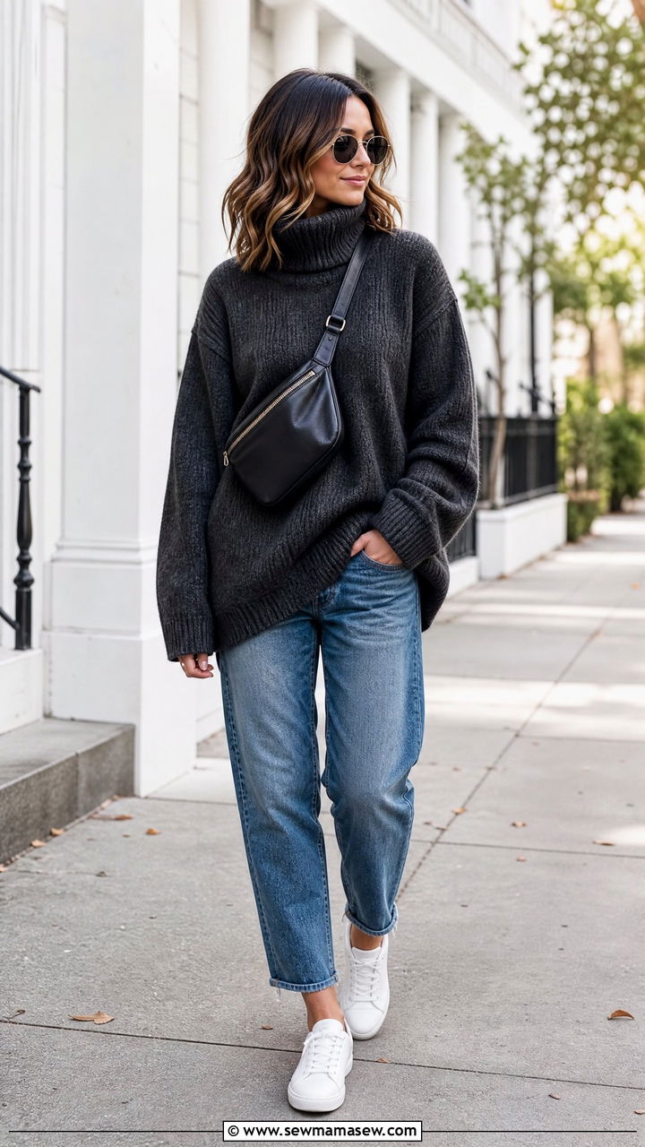 Oversized turtleneck sweater with boyfriend jeans and white sneakers - 25 Boyfriend jeans outfit ideas with a sweater