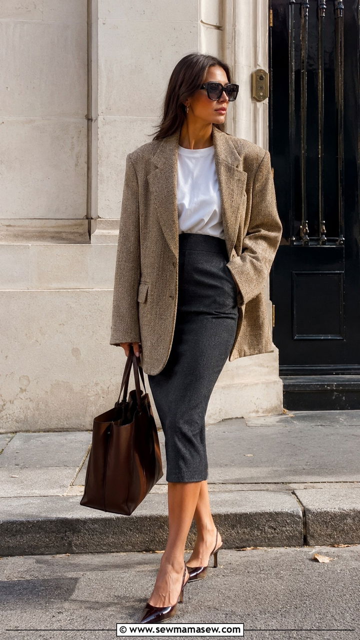 Oversized tweed blazer with slim pencil skirt - 20 Tweed blazer outfit ideas with a skirt