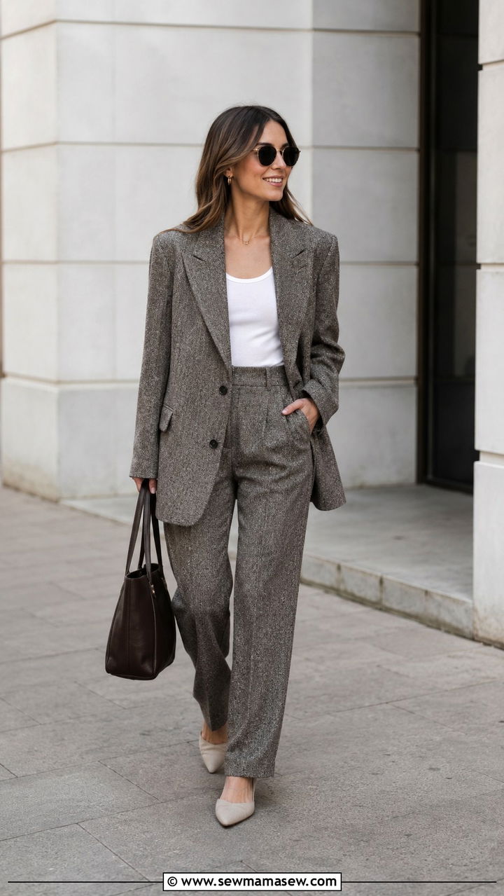 Oversized tweed jacket and tailored trouser set - 25 Tweed matching set outfit ideas