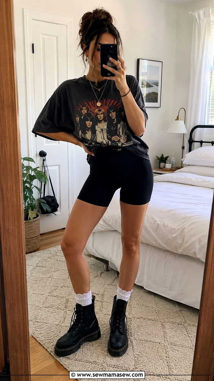 Oversized vintage band tee with black biker shorts - 30 Loungewear outfit ideas summer