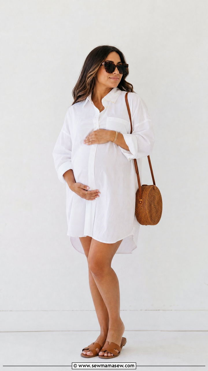 Oversized white button down shirt dress with tan sandals maternity photo - 25 Maternity photo outfit ideas summer
