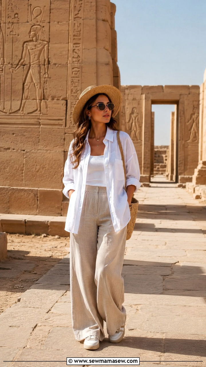 Oversized white linen button down with beige wide leg trousers - 30 Nile cruise outfit ideas