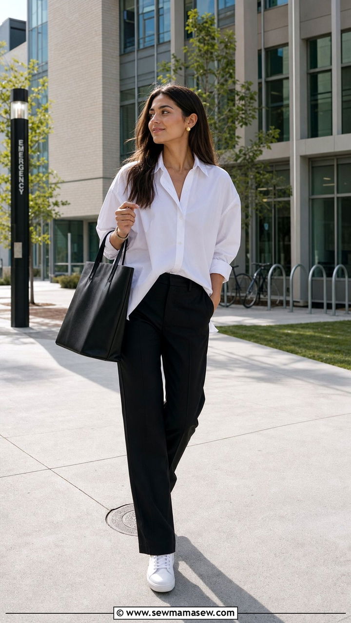 Oversized white shirt and black trousers - 25 Clean girl outfit ideas for college