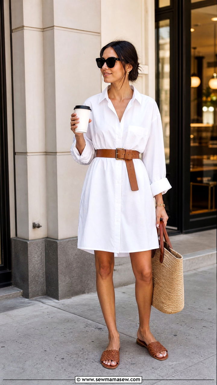 Oversized white shirt dress with belt and sandals city break outfit - 30 summer city break outfit ideas