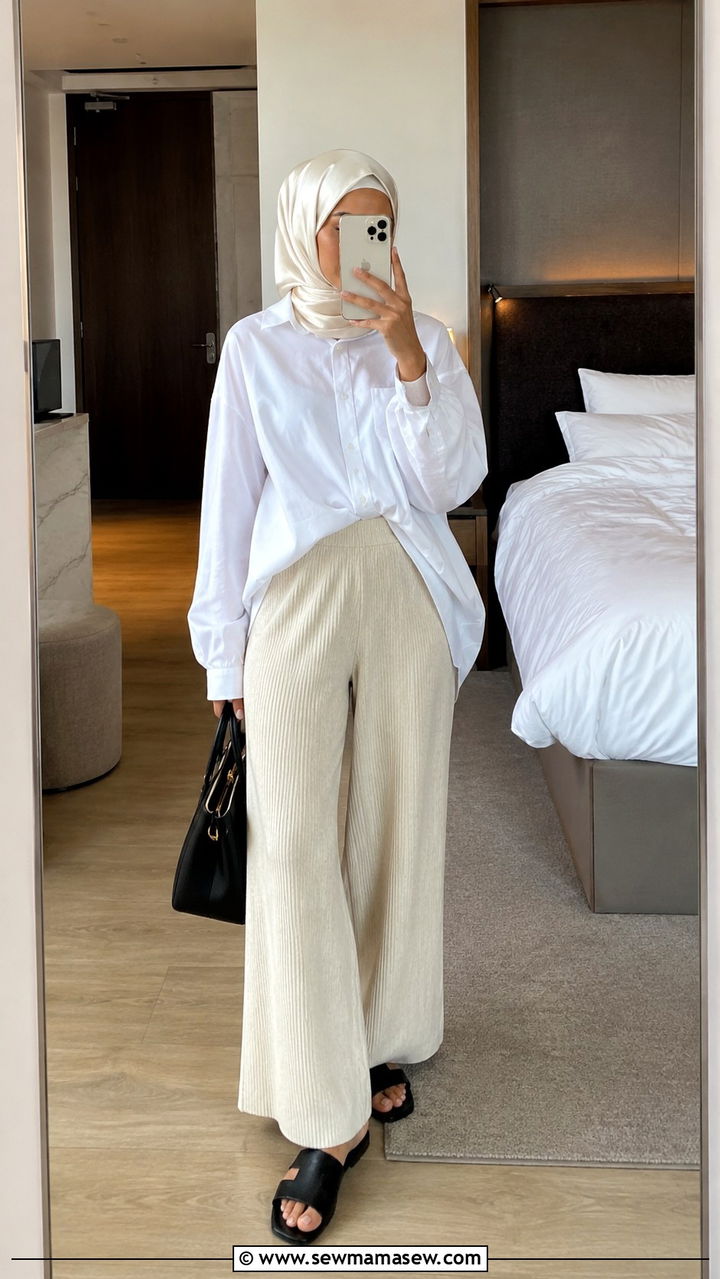 Oversized white shirt with knit trousers - 25 Vacation outfit ideas Muslim women