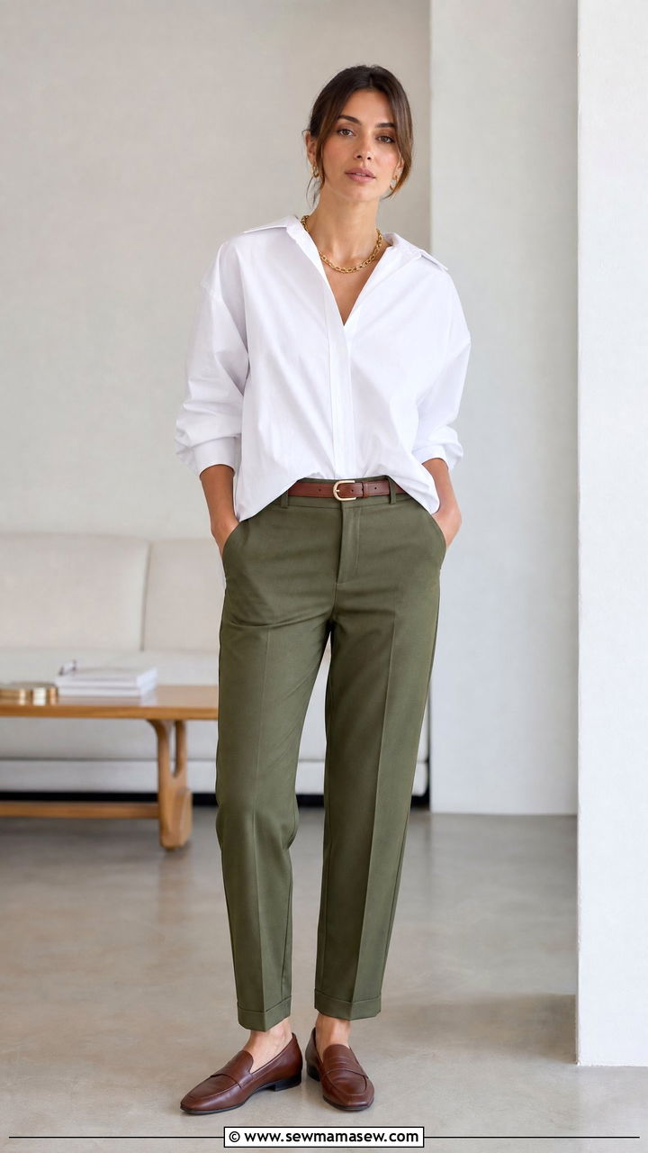 Oversized white shirt with tailored olive chinos - 30 Confident summer outfit ideas