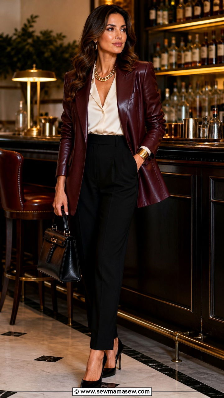 Oxblood Leather Blazer With Cream Silk Blouse And Black Trousers - 40 glamoratti outfits ideas