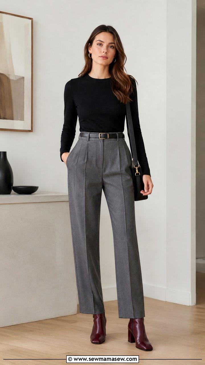 Oxblood ankle boots with grey wool trousers - 25 Oxblood outfit ideas