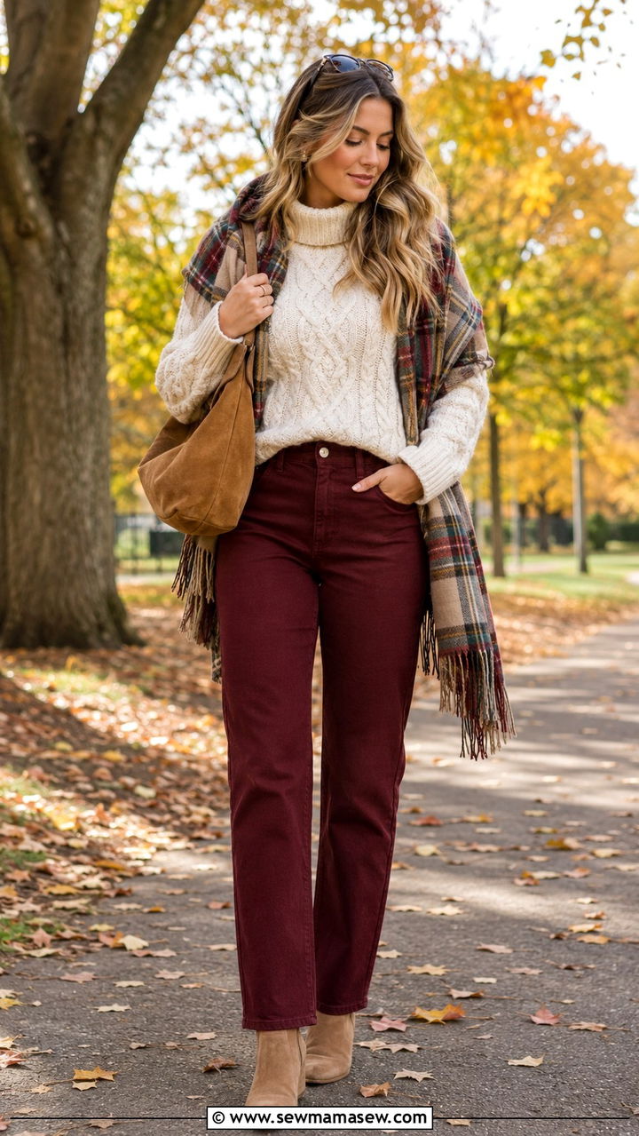 Oxblood denim jeans with a chunky cream knit - 25 Oxblood outfit ideas