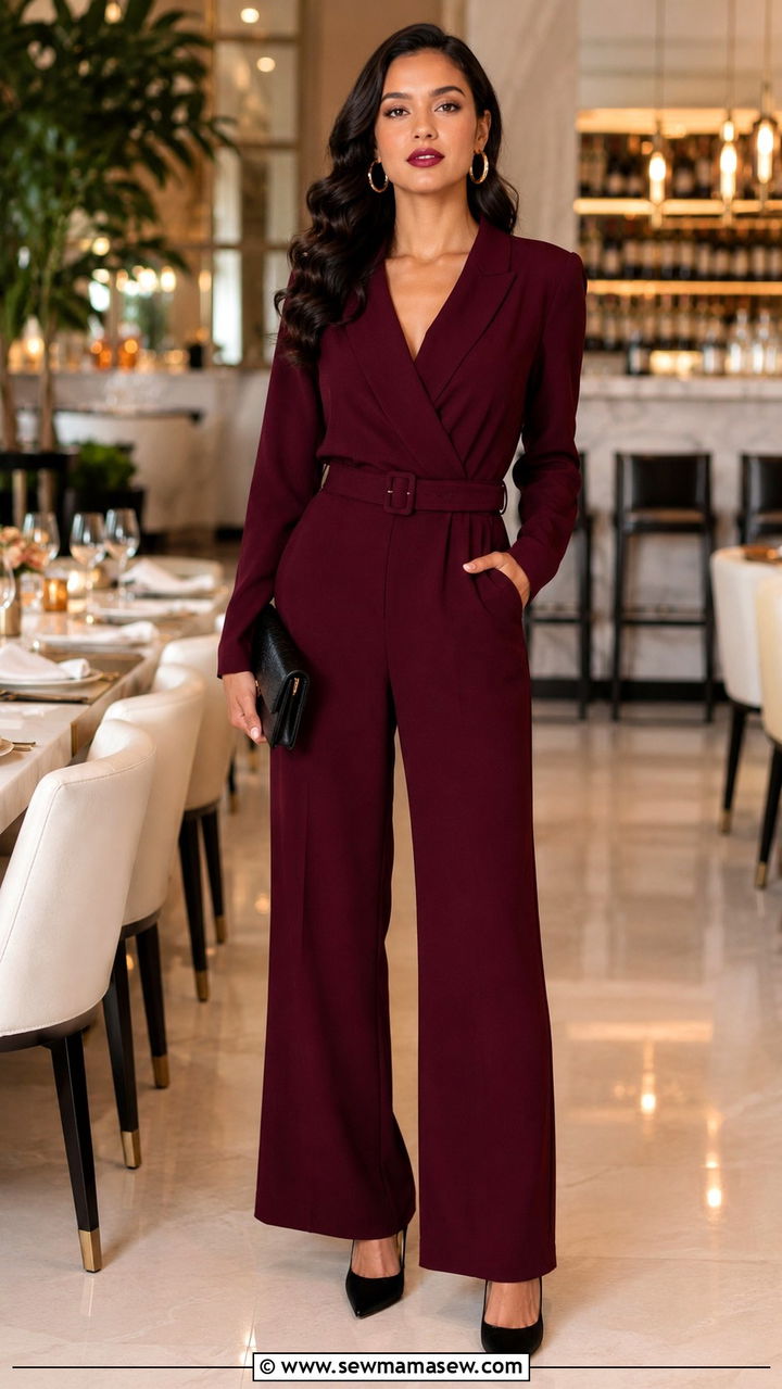 Oxblood jumpsuit with pointed toe heels - 25 Oxblood outfit ideas