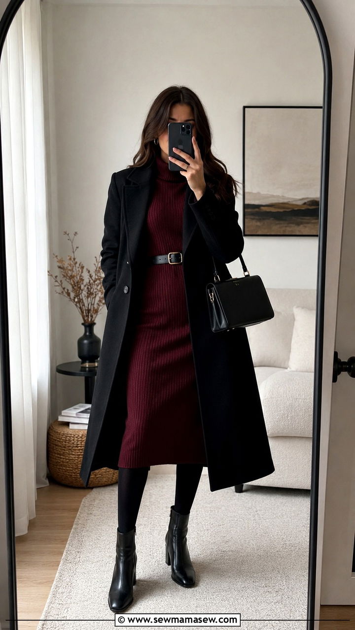 Oxblood knit dress with black tights and ankle boots - 25 Oxblood outfit ideas