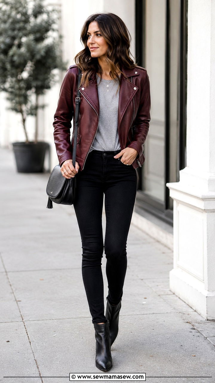 Oxblood leather moto jacket with black skinny jeans - 25 Oxblood outfit ideas