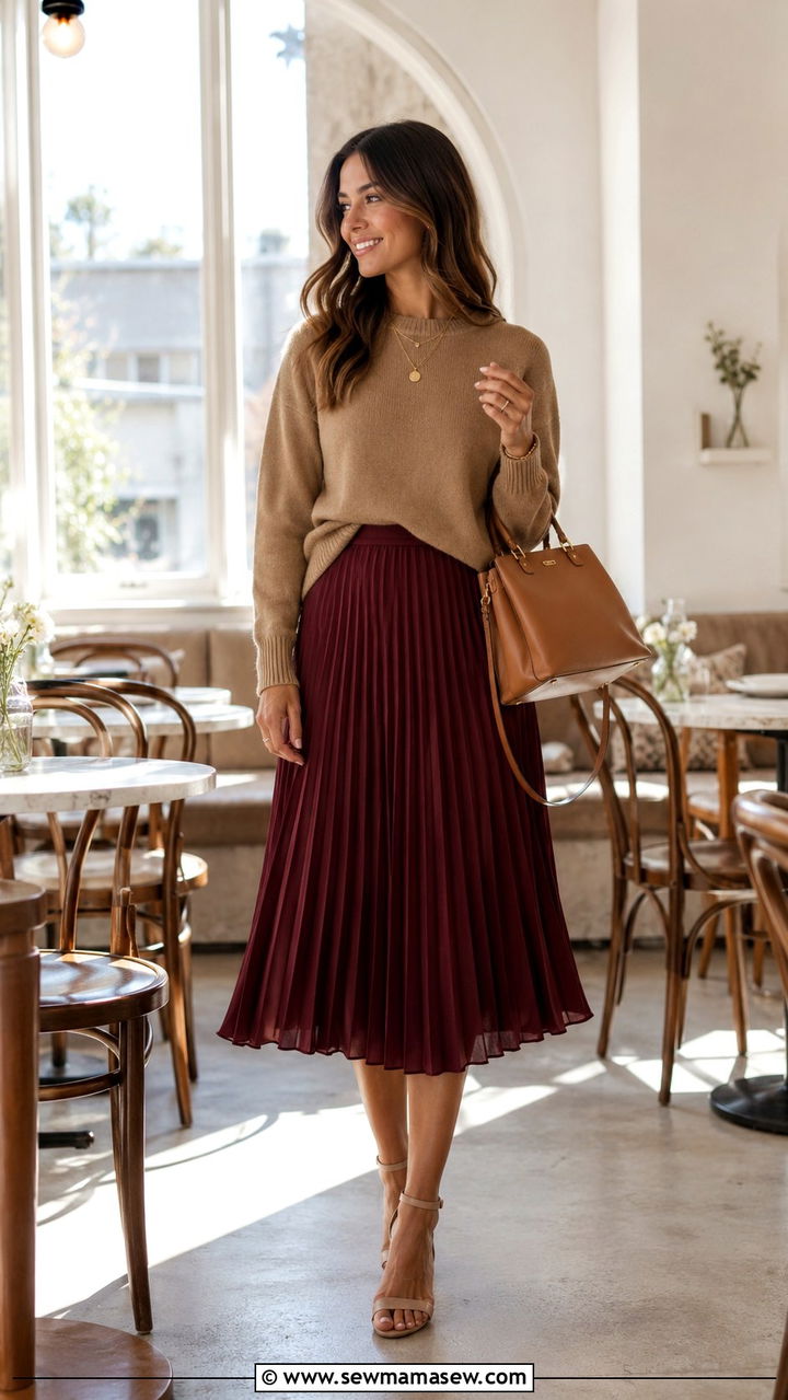 Oxblood midi skirt with a camel knit - 25 Oxblood outfit ideas
