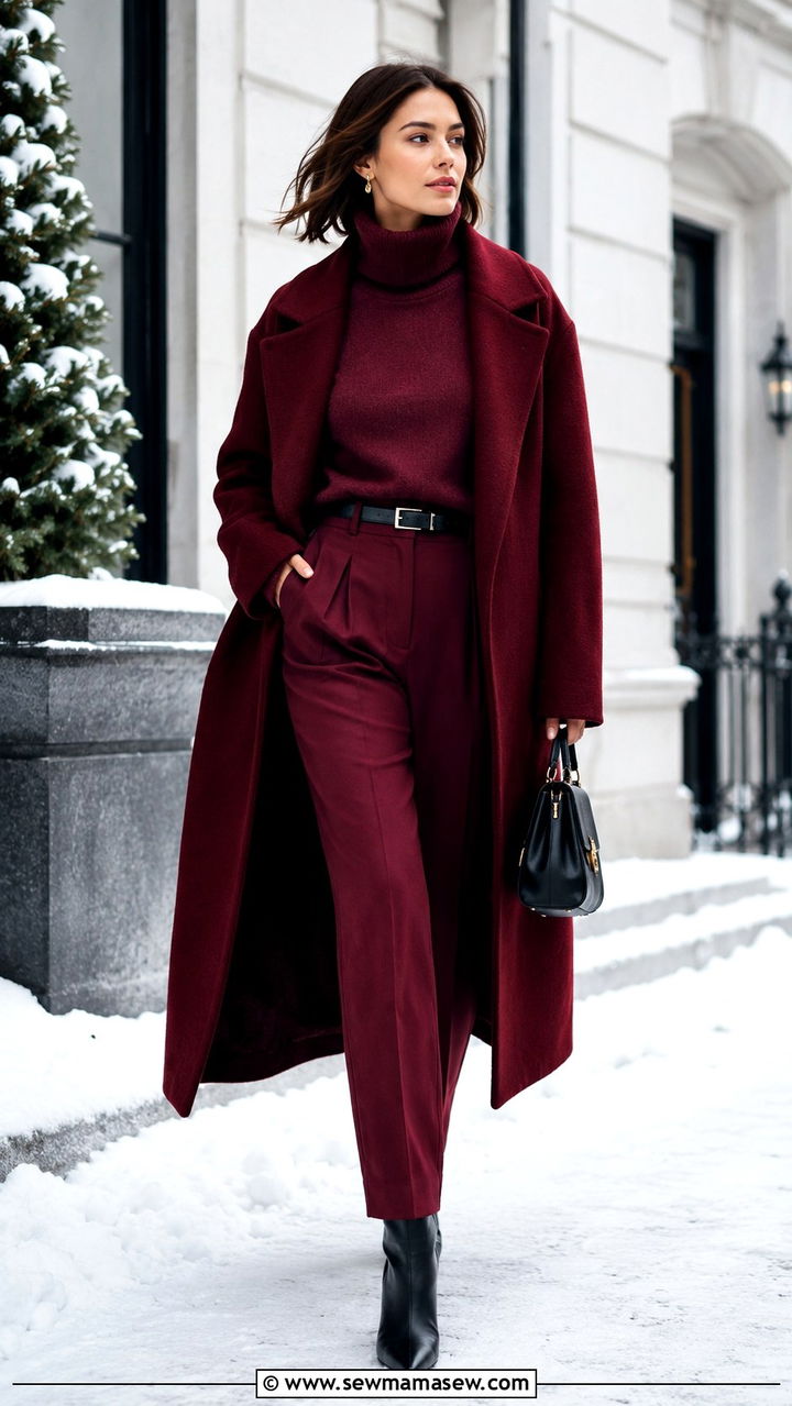 Oxblood monochrome layered winter look - 25 Oxblood outfit ideas