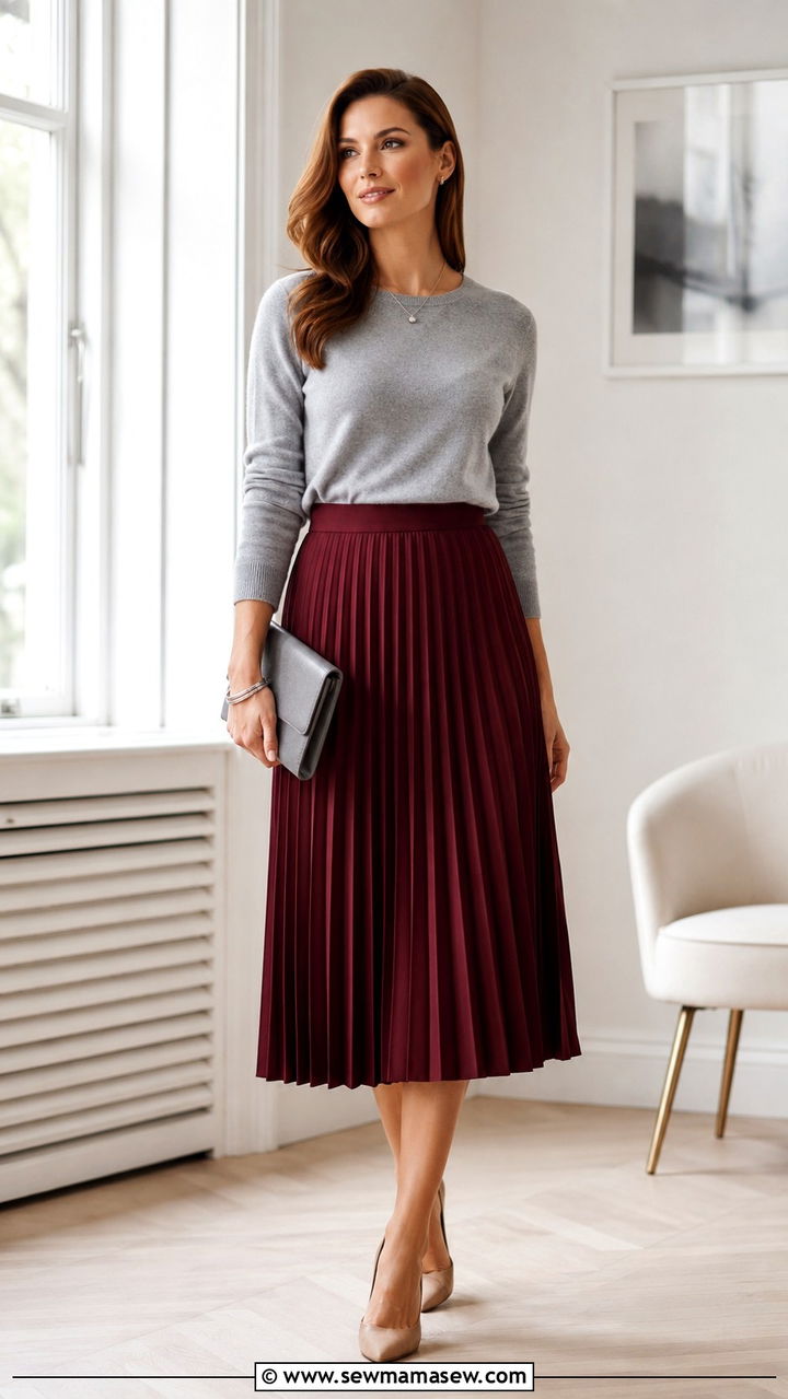 Oxblood pleated midi skirt with a cashmere sweater - 25 Oxblood outfit ideas