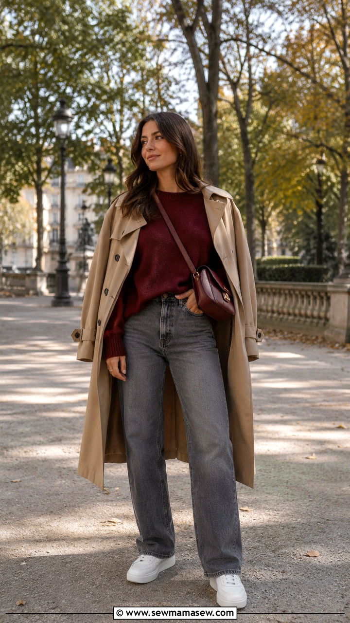 Oxblood sweater with grey denim - 25 Oxblood outfit ideas