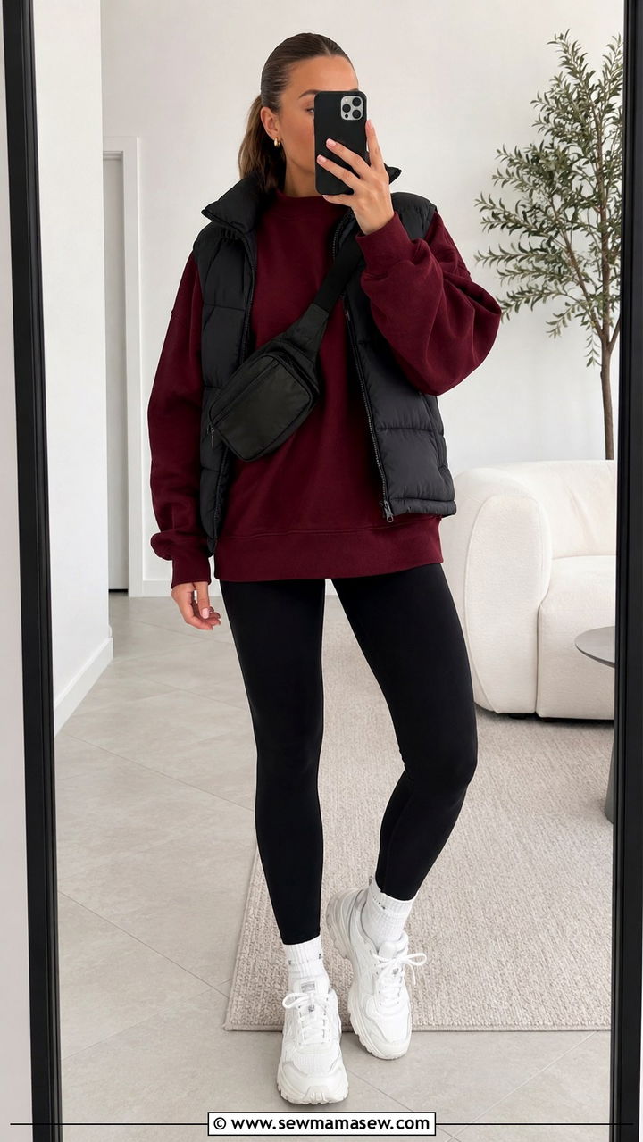 Oxblood sweatshirt with black leggings and sneakers - 25 Oxblood outfit ideas