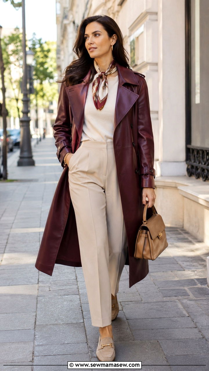 Oxblood trench coat layered over neutral separates - 25 Oxblood outfit ideas