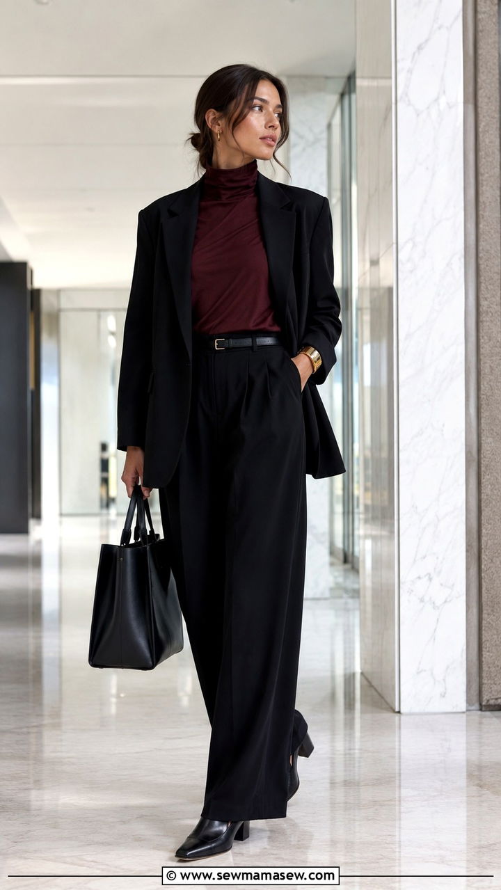 Oxblood turtleneck with black wide leg trousers - 25 Oxblood outfit ideas