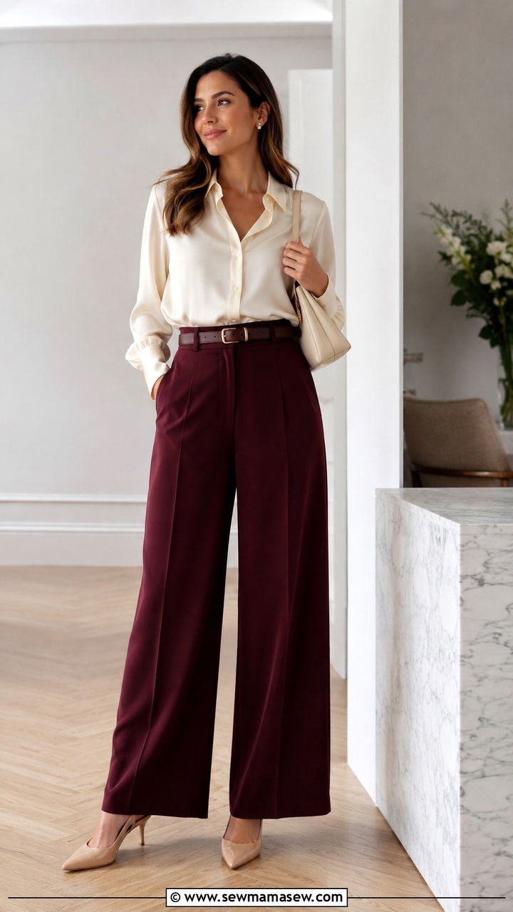 Oxblood wide leg trousers with a cream blouse - 25 Oxblood outfit ideas
