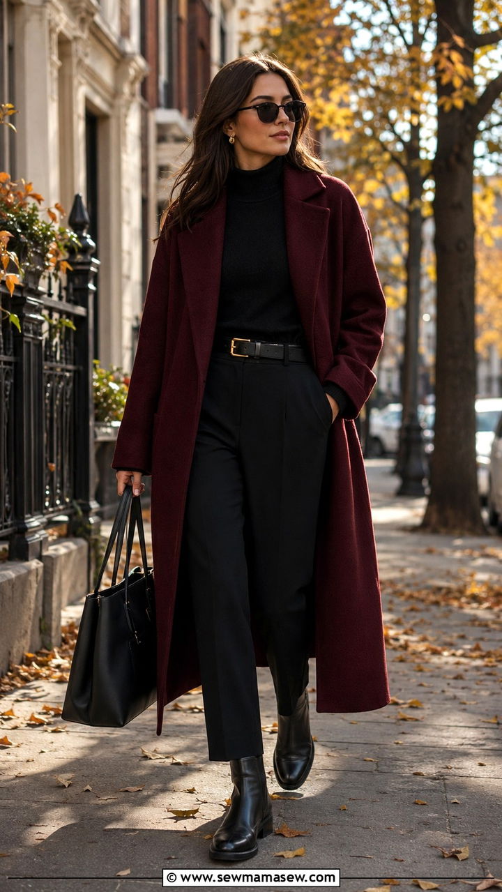 Oxblood wool coat over an all black look - 25 Oxblood outfit ideas