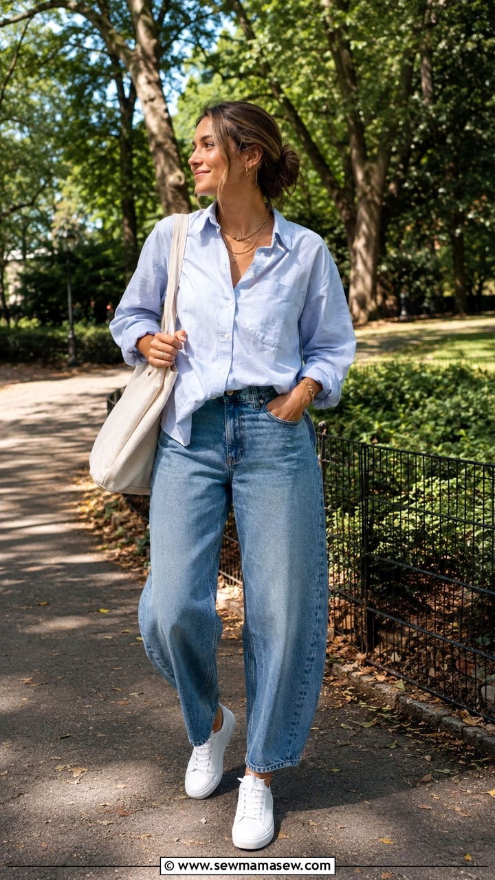 Oxford Button Down With Medium Wash Barrel Jeans and Sneakers - 25 Barrel jeans outfit ideas with a button down