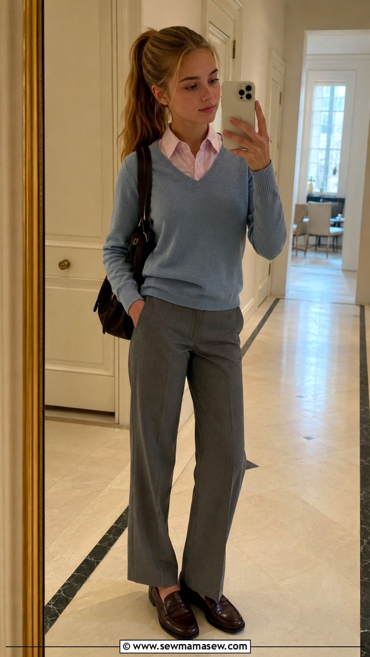 Oxford Shirt Under a V Neck Sweater - 20 Private school outfit ideas teens