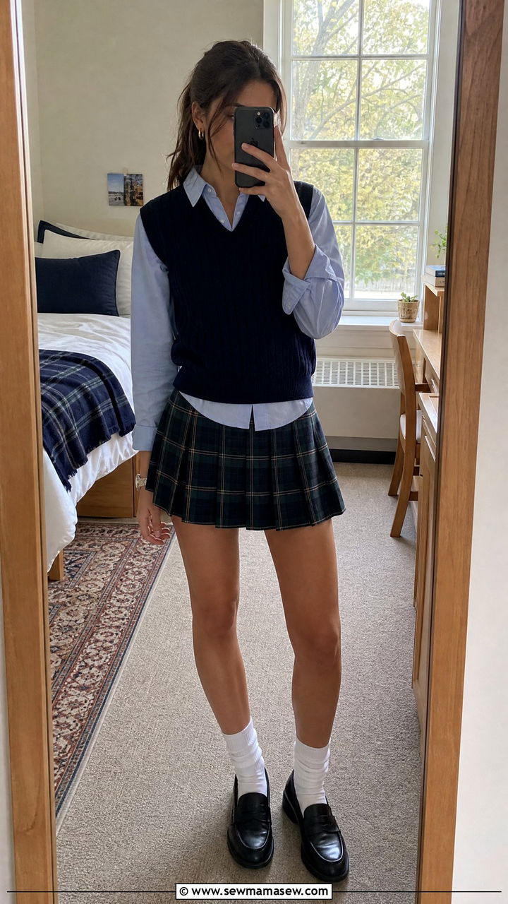 Oxford Shirt With Sweater Vest And Pleated Skirt - 35 Ivy league outfit ideas