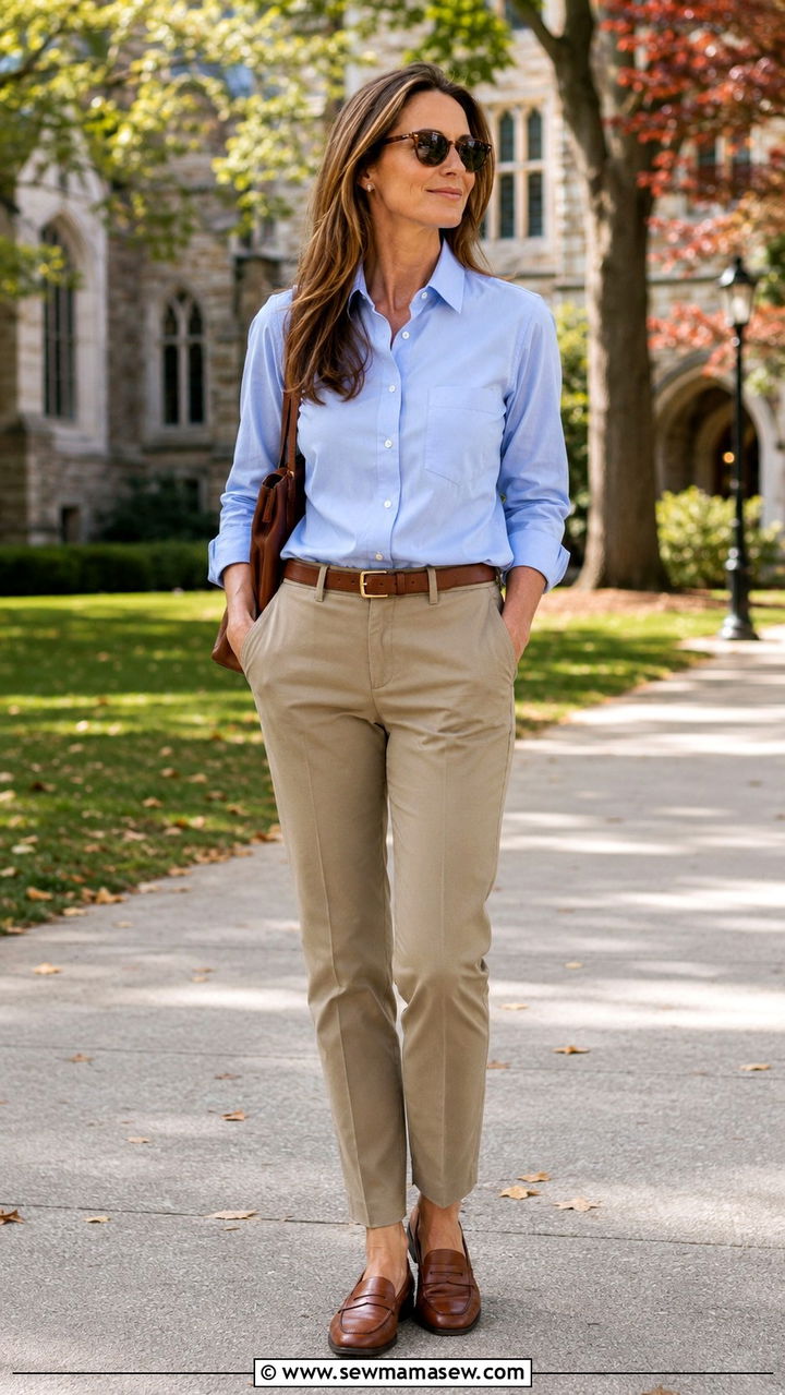 Oxford Shirt with Khaki Trousers and Penny Loafers - 25 preppy outfit ideas for women over 40
