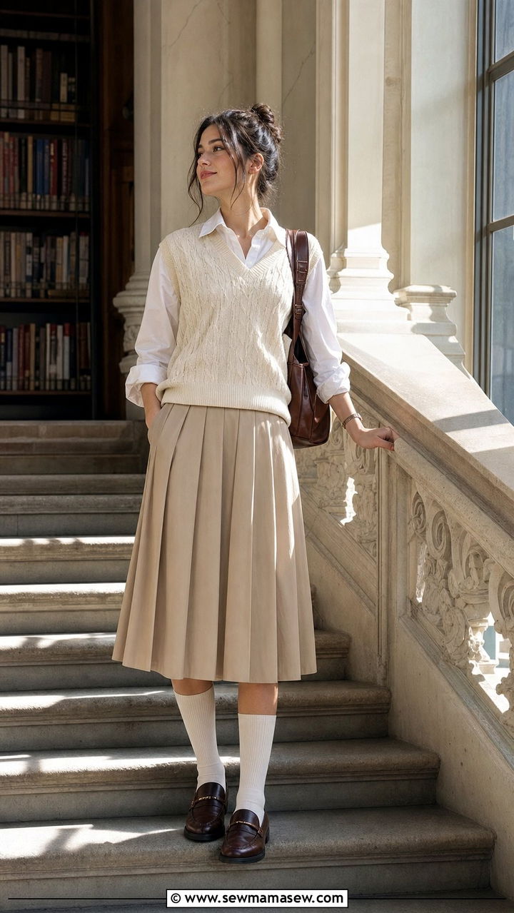 Oxford Shirt with Sweater Vest and Pleated Skirt - 25 cute light academia outfits
