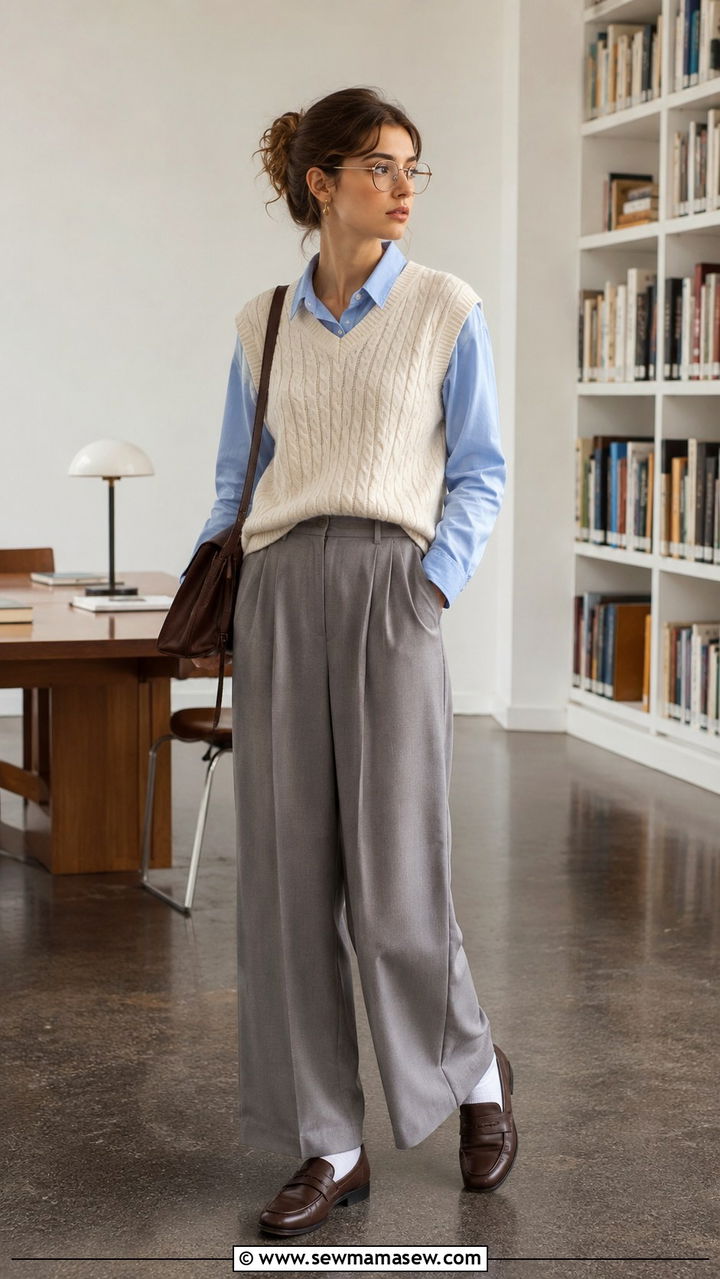 Oxford Shirt with Sweater Vest and Wide Leg Trousers - 30 light academia outfits to copy