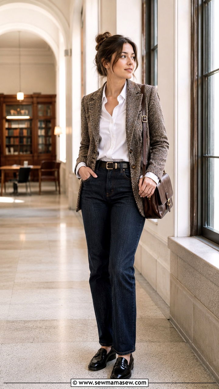 Oxford flats with straight leg jeans and a tweed blazer - 30 Straight leg jeans outfit ideas with flats