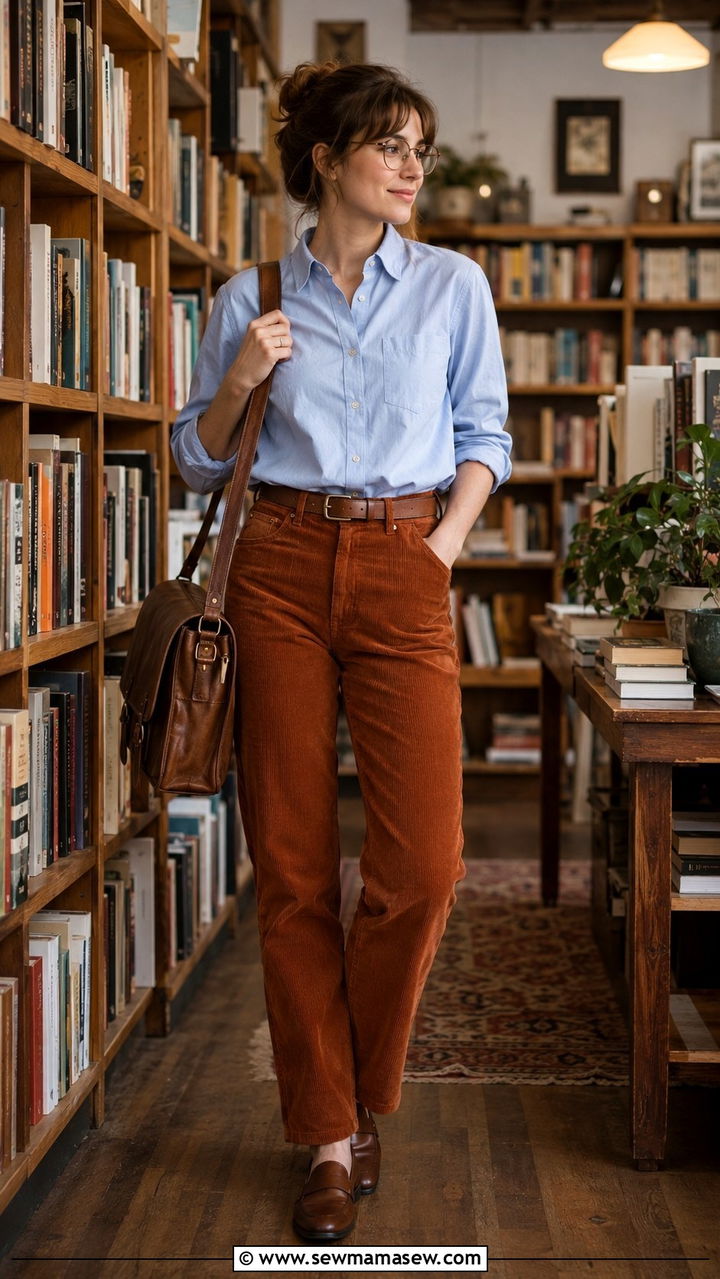 Oxford shirt and corduroy pants outfit - 30 librarian core outfits ideas