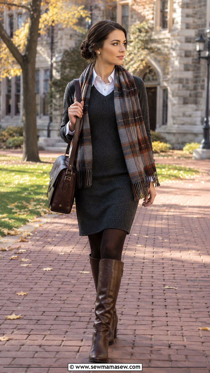 Oxford shirt under sweater dress with riding boots - 25 Poetcore outfit ideas college professor aesthetic