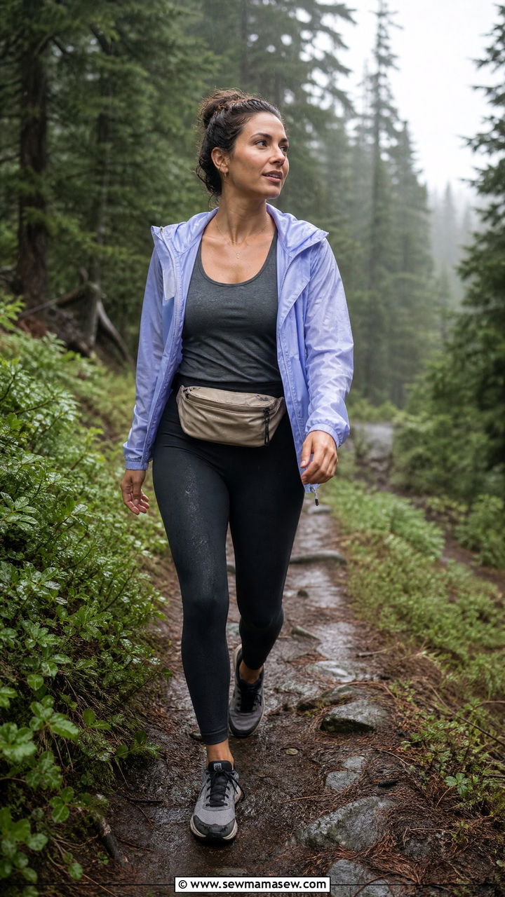 Packable Rain Shell Over Hiking Tights And Tank - 30 Summer cabin weekend outfits