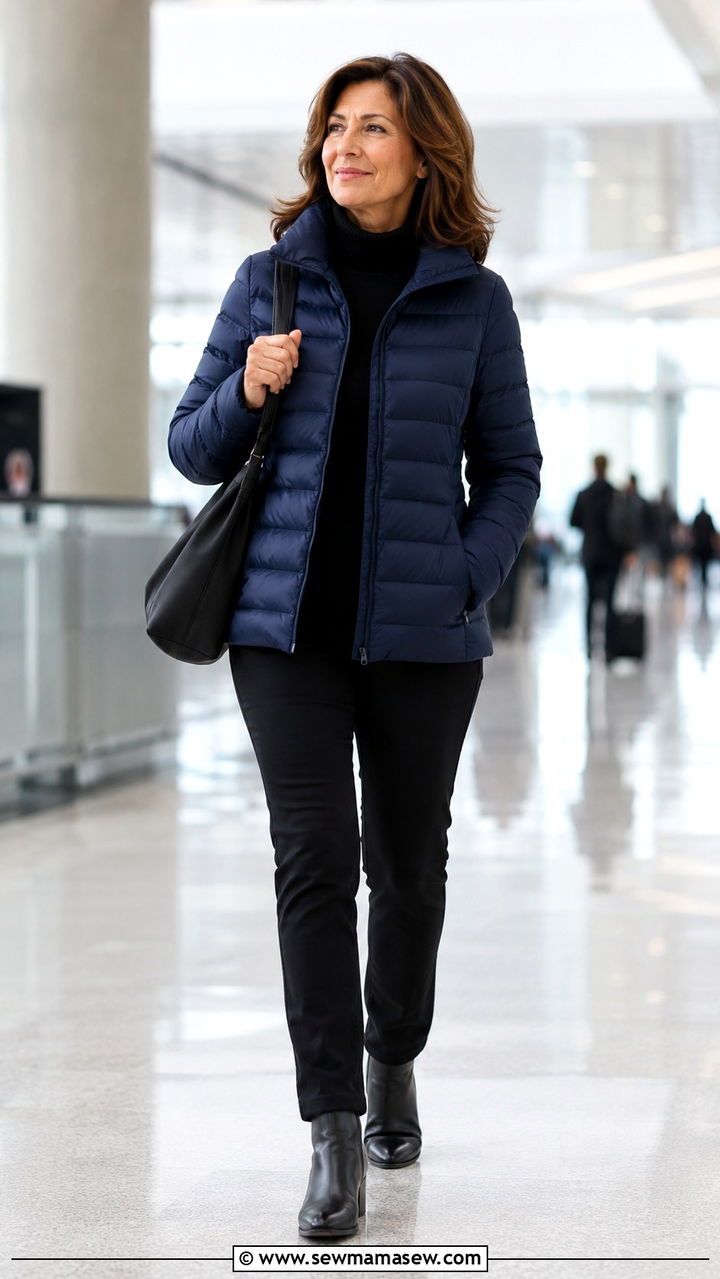 Packable puffer coat with stretch pants and ankle boots - 20 Airport outfit ideas for women over 60