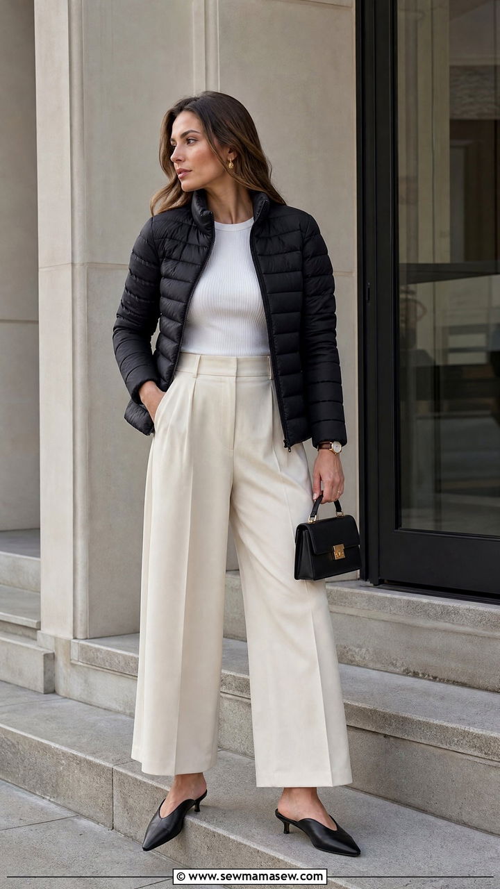 Packable quilted puffer with wide leg trousers and mules - 25 Spring outfits with puffer jacket