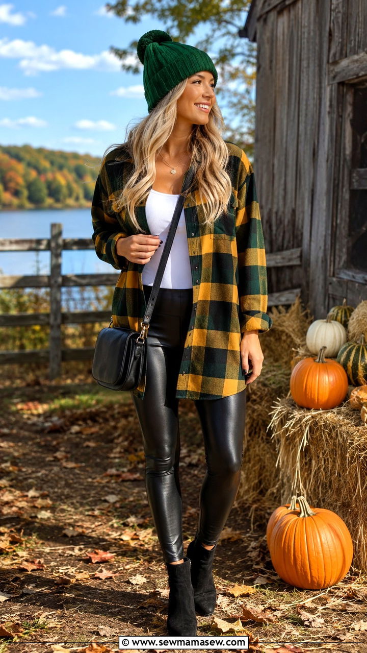 Packers Flannel Shirt And Faux Leather Leggings Outfit - 20 Gameday outfit ideas Wisconsin