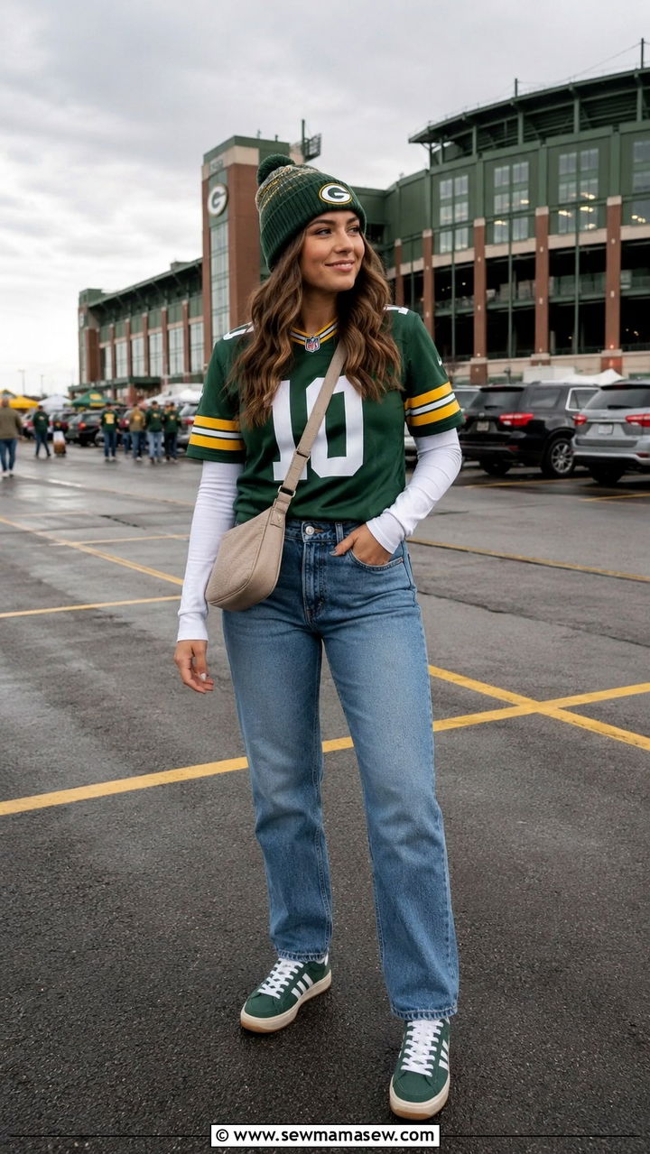 Packers Jersey Layered Over Thermal Sleeves Outfit - 20 Gameday outfit ideas Wisconsin