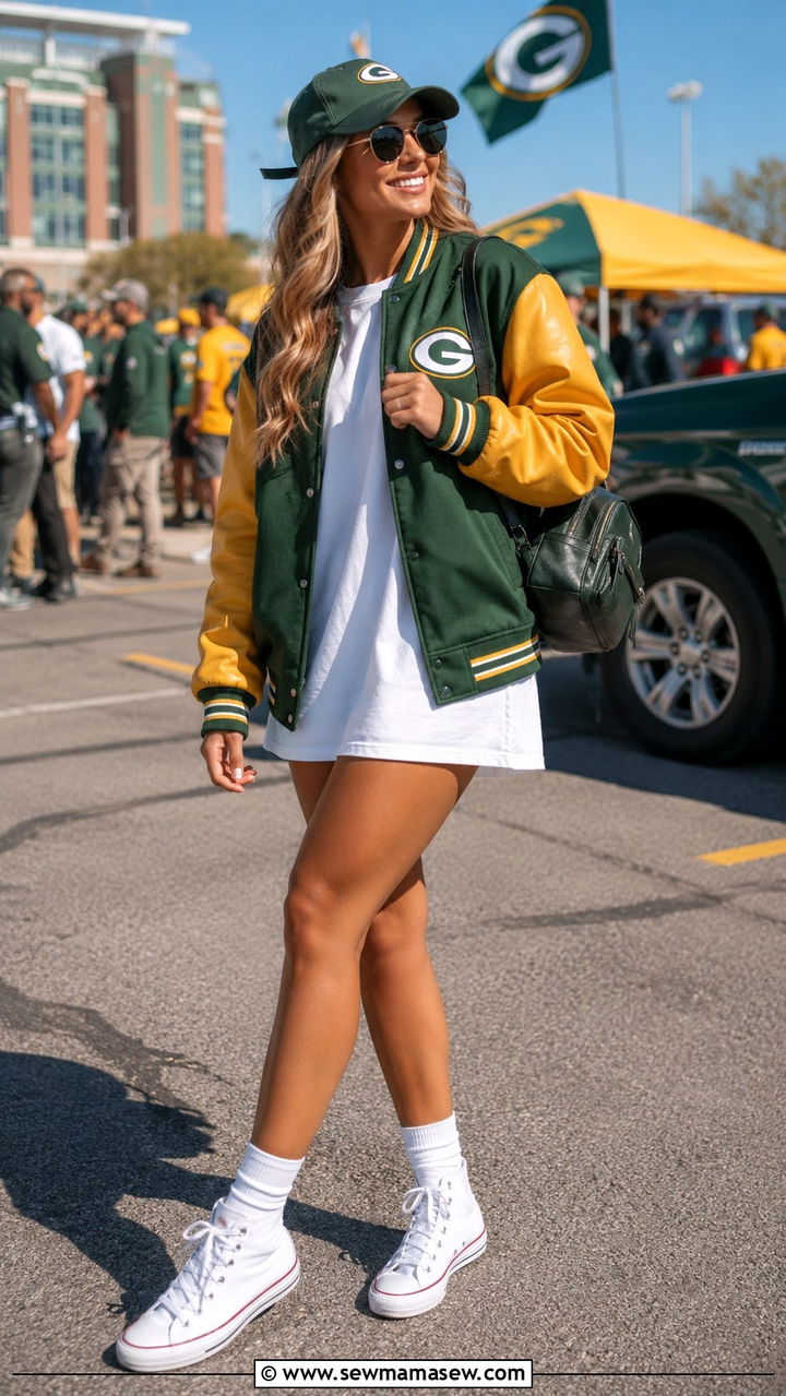 Packers Varsity Jacket With T Shirt Dress Outfit - 20 Gameday outfit ideas Wisconsin