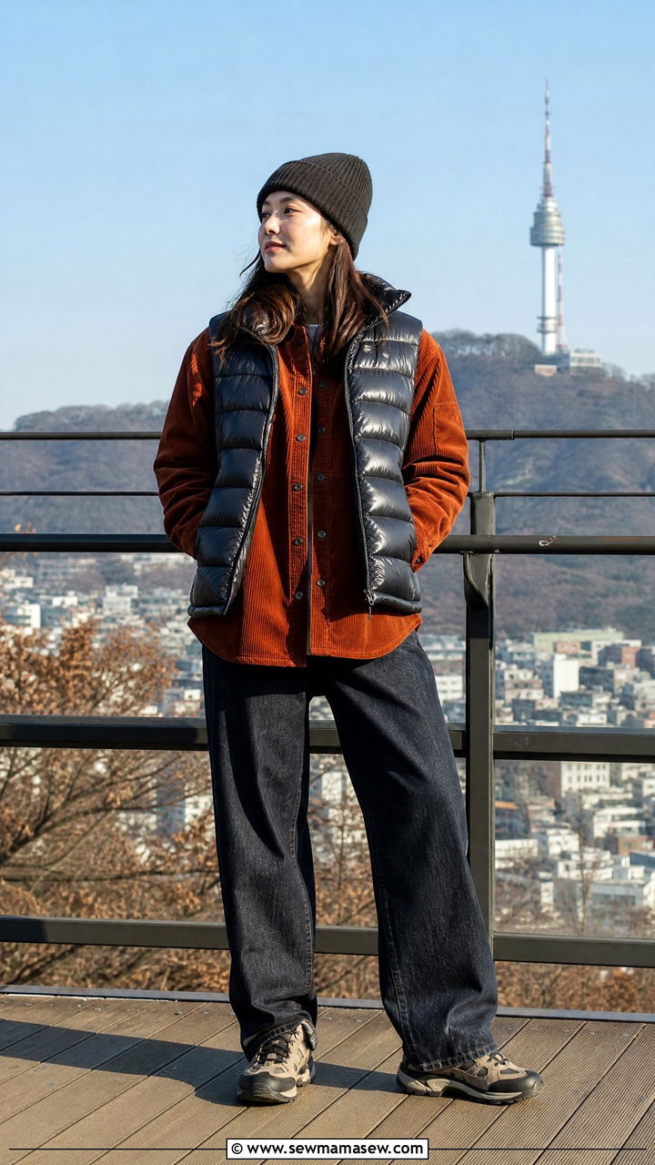 Padded Vest and Corduroy Shirt Combo - 40 What to wear in Seoul
