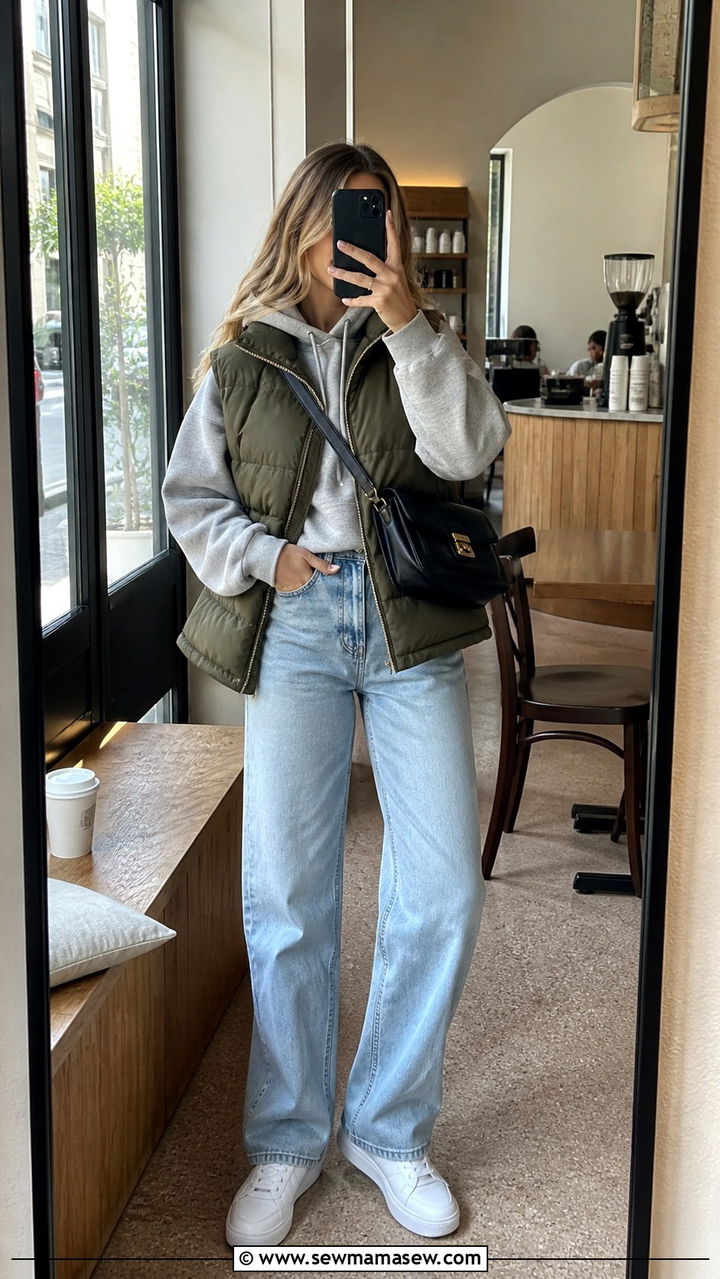 Padded vest layered over a hoodie with relaxed jeans and sneakers - 40 What to wear in Madrid